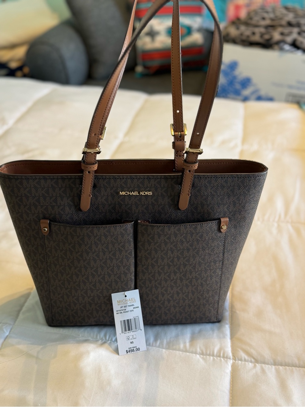 Michael Kors Brown and Tan MK Logo Double Pocket Tote